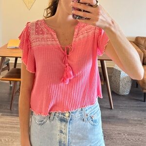 Free People Pink Textured Blouse with Lace Detail